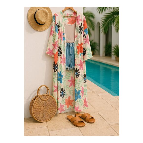 Easel 1X Kimono Duster Longline Floral Print Open Front Lightweight Cover - Picture 2 of 12
